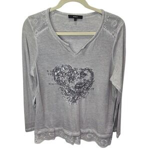 Bonita Top L Long Sleeve Gray Heart Embellished Lace Trim V Neck